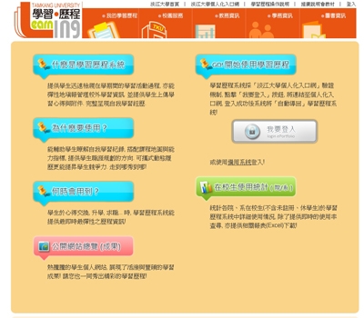 資訊中心日前於本校網頁首頁推出「學生學習歷程」專區，以個人化設計為重點，讓學生自我管理電子化生涯歷程檔案，瞭解自我表現與能力，進行生涯規劃，增加未來就學與就業優勢及競爭力。