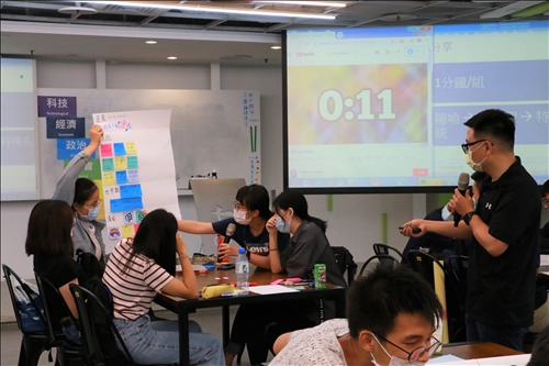 蔡老師於學生討論過程中，給予學生提問並適時協助問題處理