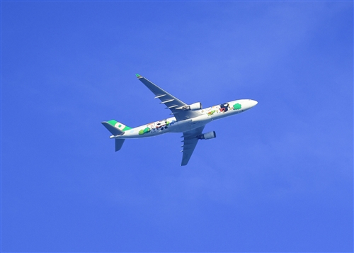 飛越書卷廣場上空的彩繪民航機