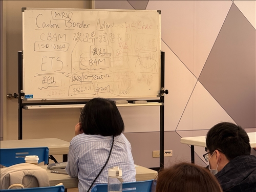 白板整理出CBAM、ETS、ISO與MRV系統間的邏輯關聯，輔助理解。