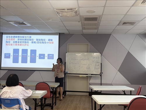 白板上紀錄「Carbon Footprint」、「3R」等英文名詞,幫助學員們對專業術語的理解