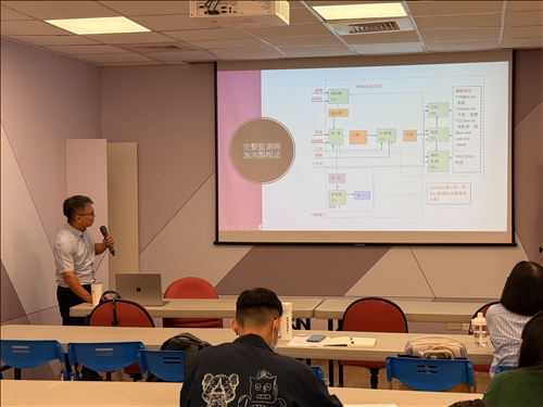 講師投影「泡泡模型法」簡報，逐步說明各製程階段的碳排放來源與對應商品範疇，讓學生了解整體碳盤查流程。
